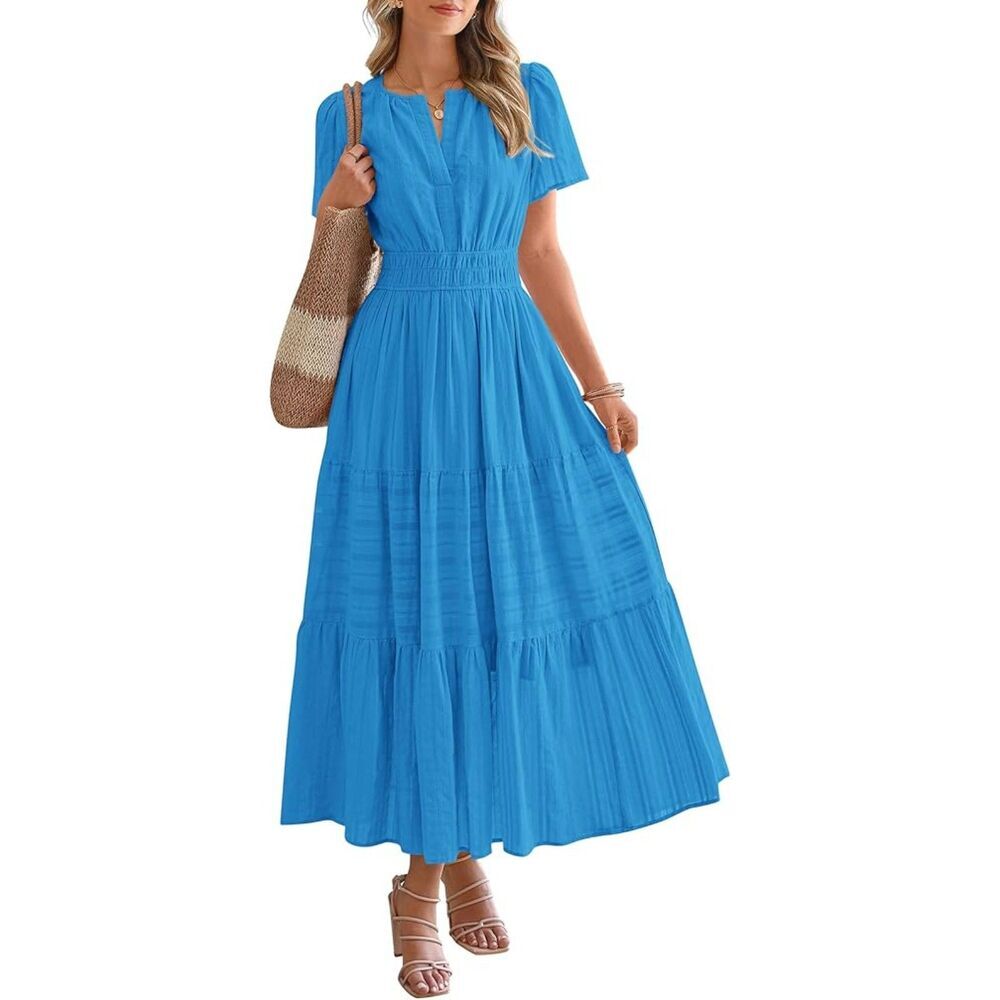 Womens Brilliant Blue V Neck Short Sleeve A Line Summer Casual Maxi Dress Pocket